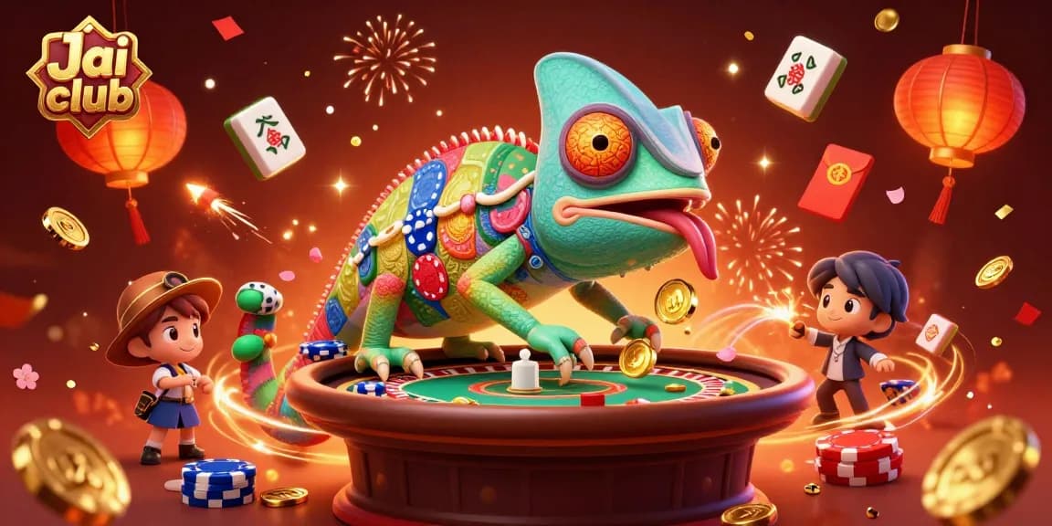 Experience the fun of Jai club with a vibrant 3D chameleon casino owner surrounded by exciting gaming elements.