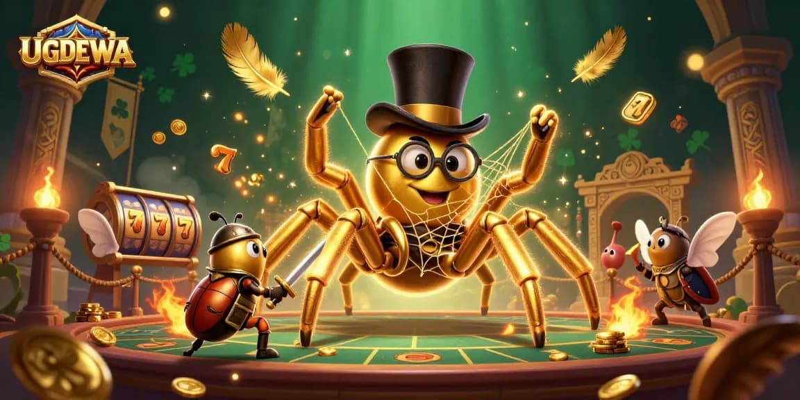 Engage with UGDEWA's thrilling online casino ambiance featuring a golden tarantula and knight.