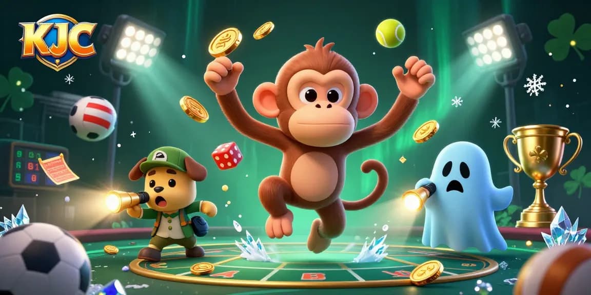 KJC players engage in thrilling sports betting in a haunted casino environment, juggling golden gaming objects.