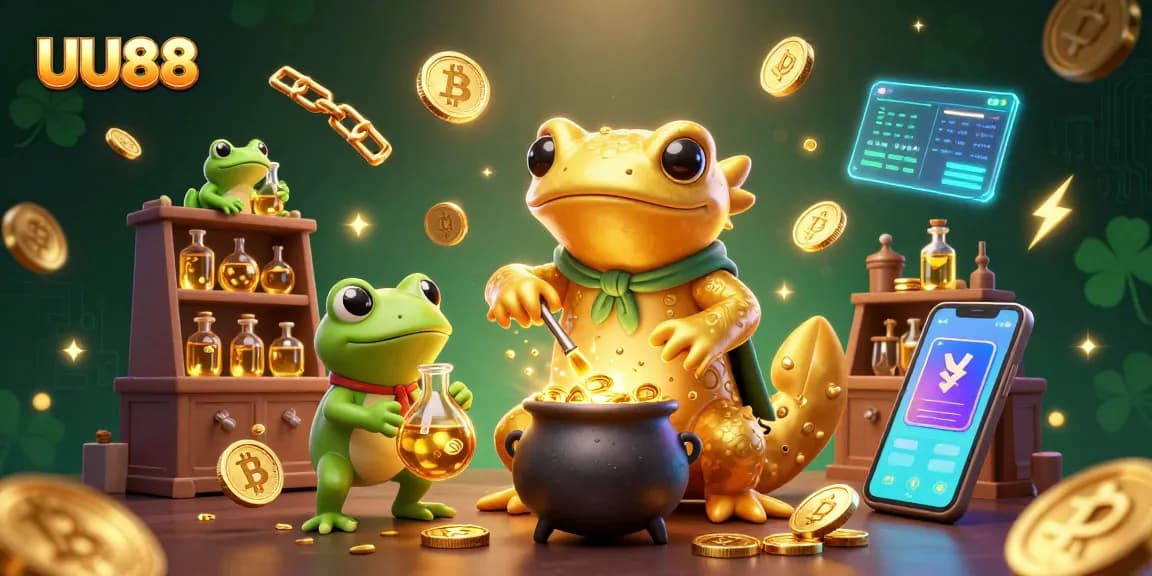 Experience the excitement of UU88 with a golden salamander alchemist and crypto coins in a vibrant scene.