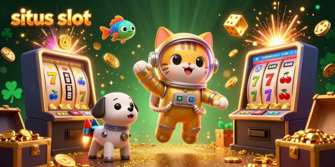 Situs slot illustration showcasing a lively scene with a space astronaut cat, robot dog, and slot game elements.