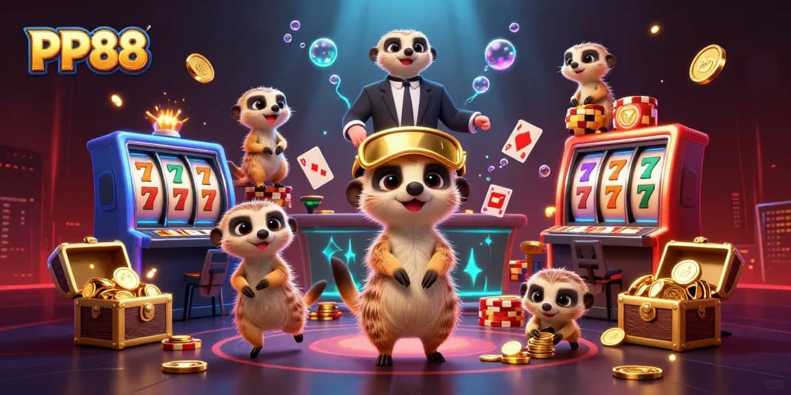 Experience the excitement of PP88 as meerkats manage a vibrant casino scene filled with slot games and treasures.