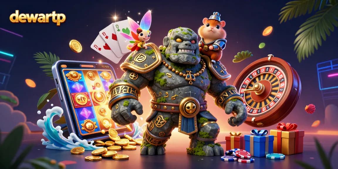 Memenangkan permainan dengan dewartp yang menghadirkan karakter golem dan peri dalam kasino 3D yang meriah.