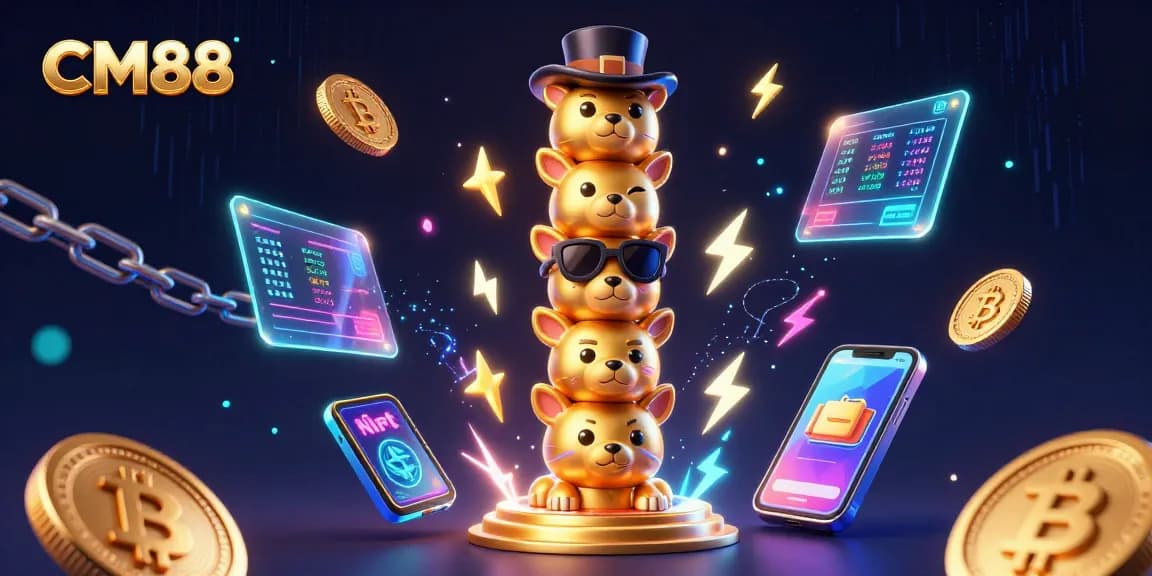 Engage with CM88's vibrant casino scene featuring a golden totem pole and lively crypto elements.