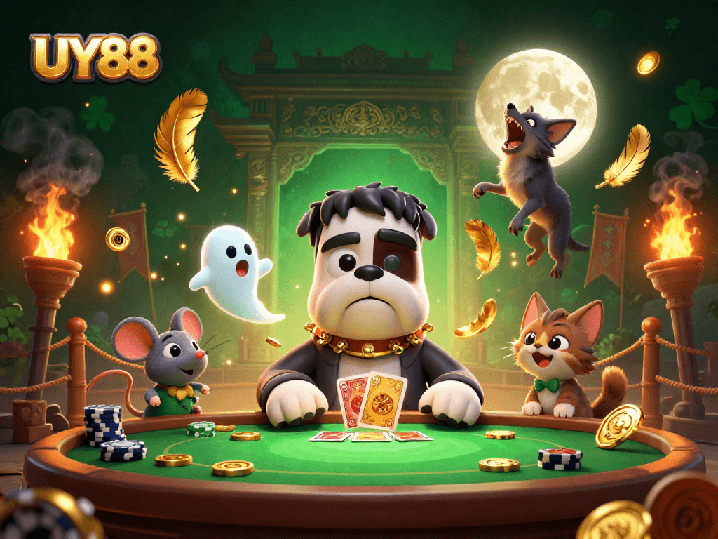 Experience thrilling UY88 gambling with a cartoon scene featuring unique characters at a haunted casino table.