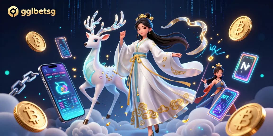Engage in premier betting action with gglbetsg, featuring vibrant visuals of crypto symbols and a celestial theme.