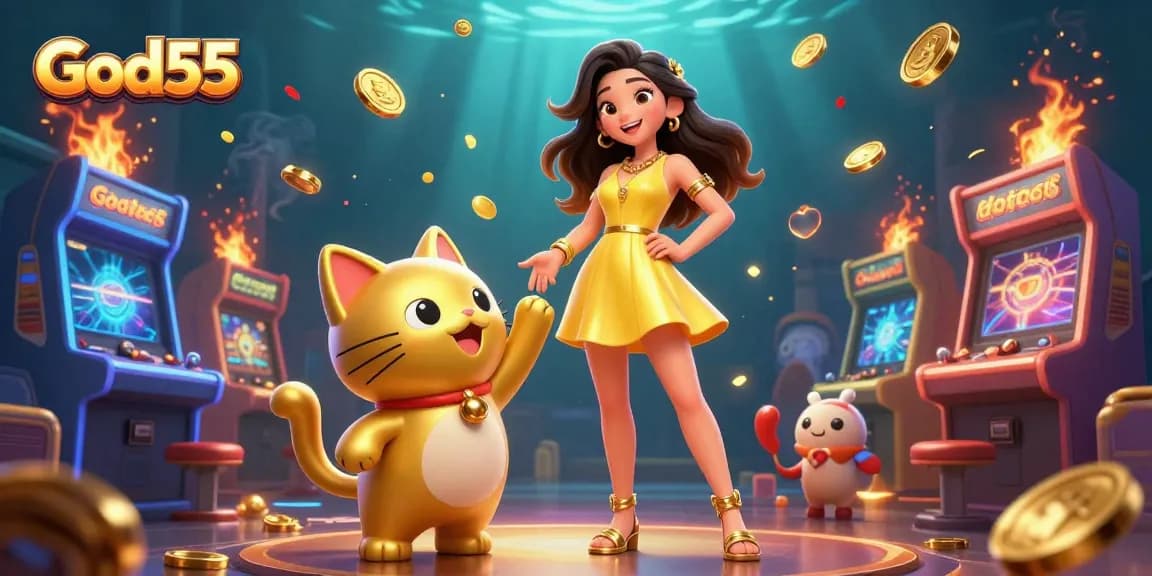 Experience the excitement at God55, where a joyful player interacts with a lucky cat in an immersive game environment.