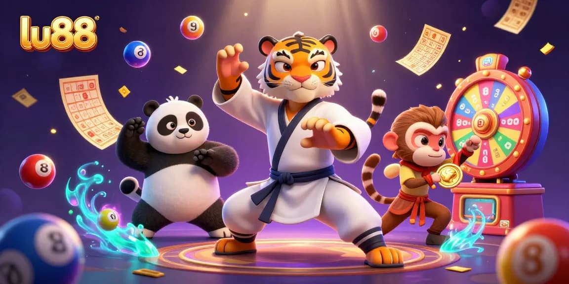 lu88 showcases a vibrant scene of fun and excitement, featuring a kung fu tiger master surrounded by lottery elements.