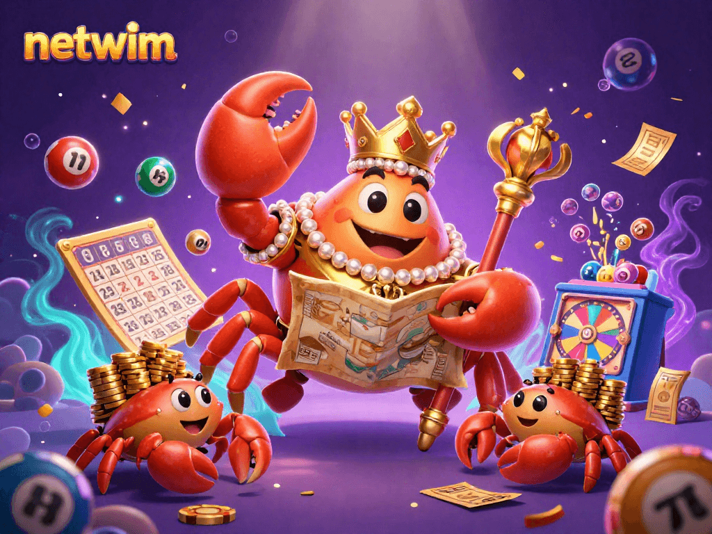 Engage with netwim's vibrant lottery scene featuring a golden crab emperor and dynamic game elements.