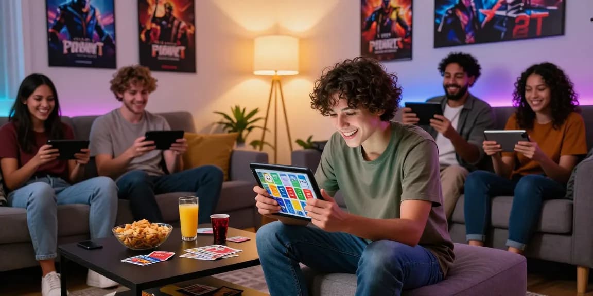 Start playing Card Rummy in a lively living room atmosphere with friends, showcasing comfort and excitement.