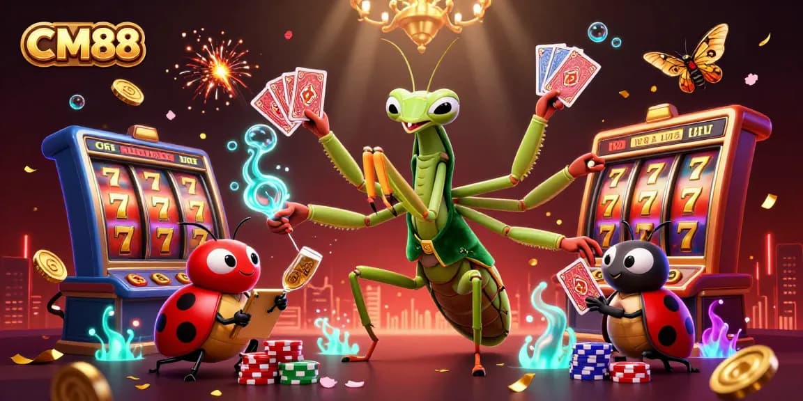Experience the vibrant world of CM88 with a giant mantis dealer and colorful casino elements.