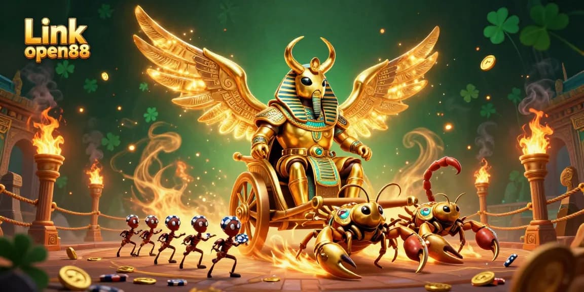 Jump into excitement with Link open88, featuring a colossal golden scarab and ant soldiers amidst casino-themed elements.