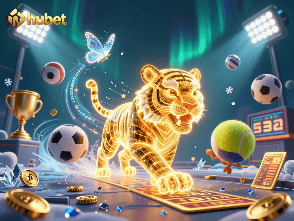 Engage in dynamic hubet gaming with a vivid illustration showcasing a golden tiger in a digital casino.