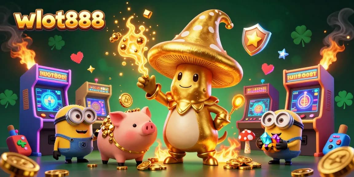 Mainkan wslot888 dengan slot online yang bermanfaat, dikelilingi oleh mesin permainan yang berwarna-warni dan karakter ikonik.
