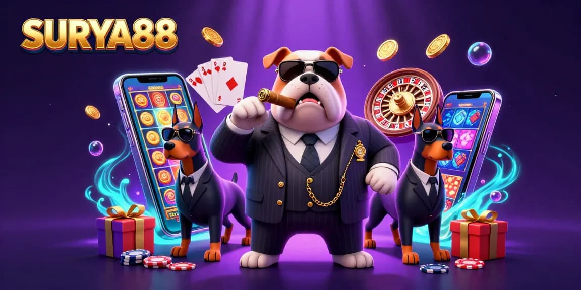 SURYA88 mafia-themed casino illustration showcasing exciting gaming elements in a vibrant scene.