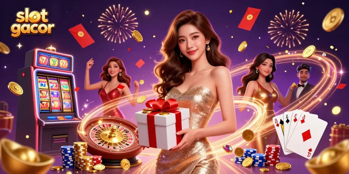 Experience the thrill of slot gacor with cascading coins and a festive atmosphere in an exciting digital casino illustration.