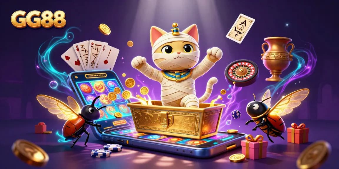 Engage with GG88, the vibrant online casino world featuring a mummy cat and a scarab in a pyramid casino.