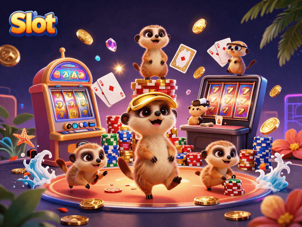Slot gaming action with meerkats in a vibrant 3D casino illustration.
