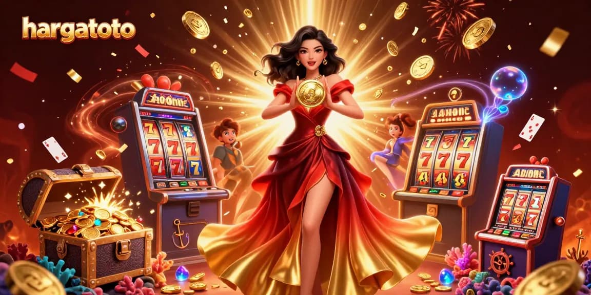 Engage with hargatoto's vibrant atmosphere of slot games and golden fortunes in 3D digital art.