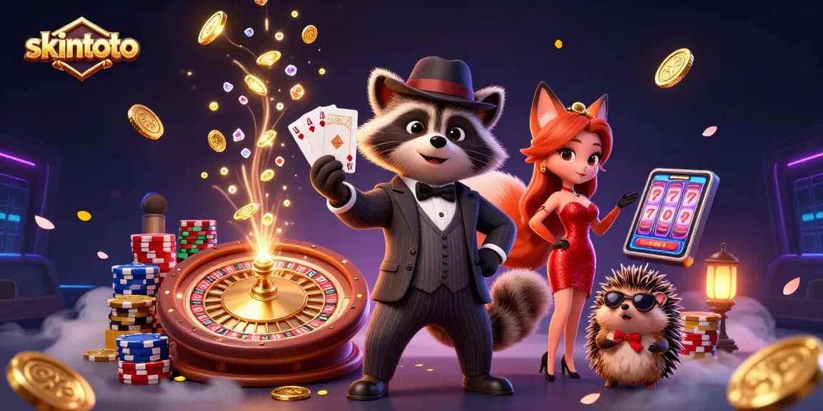 Skintoto menghadirkan ilustrasi kasino dengan rakun, rubah, dan landak dalam suasana penuh energi.