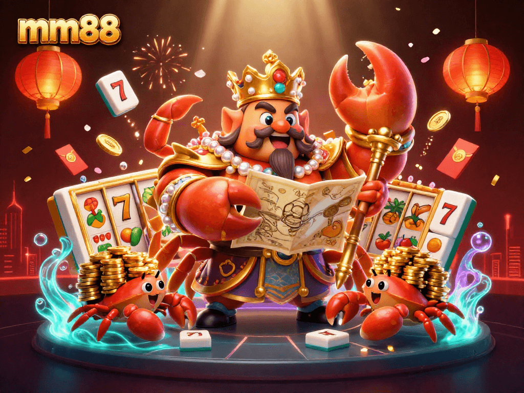 Experience thrilling gameplay with mm88 in a colorful casino illustration featuring golden crab emperor and slot reels.