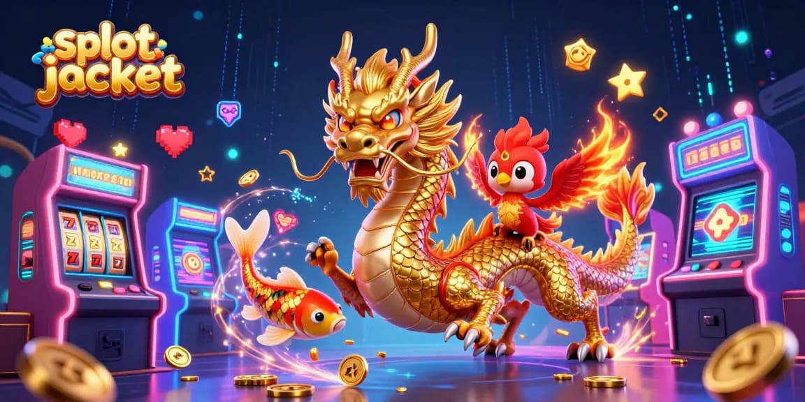 Slot jackpot berkilau dengan naga emas dan burung phoenix, dikelilingi atraksi permainan menarik.