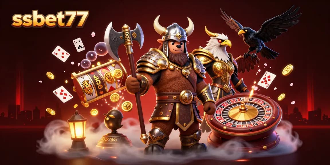 Experience the excitement of ssbet77 with lively characters and casino games in a vibrant illustration.