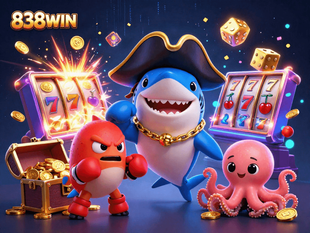 Experience excitement with 838WIN as characters celebrate big wins with coins and games.