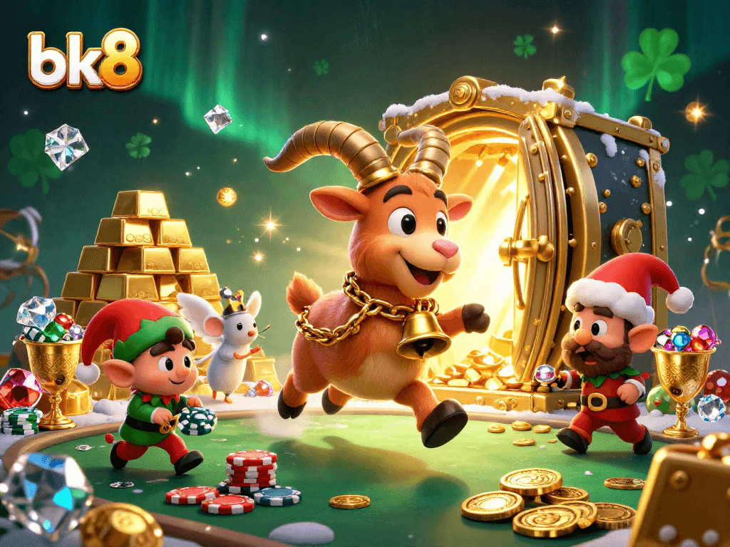 Experience the festive thrills of bk8 in a lively, chaotic casino scene filled with characters and treasure.
