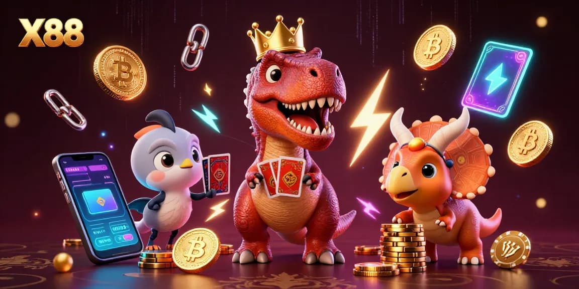 X88 casino scene with a T-Rex shuffling cards, baby's triceratops stacking chips, embodying exciting gameplay.