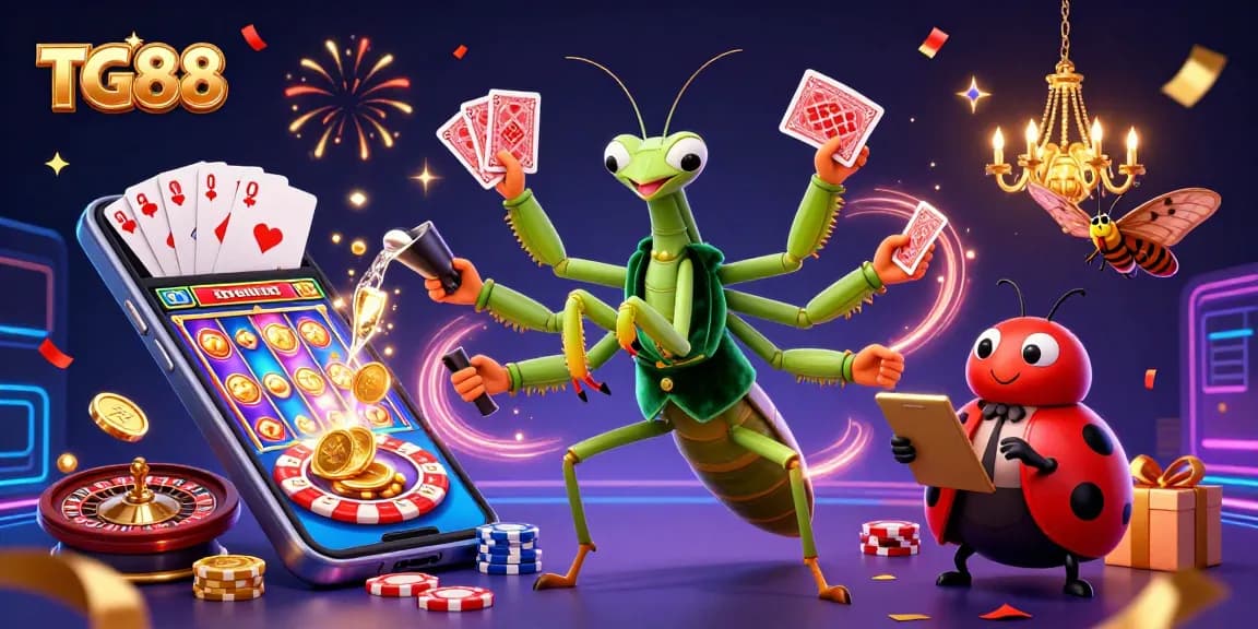 Experience excitement at TG88 with a lively scene of a card sharp and pit boss amid joyous casino celebrations.
