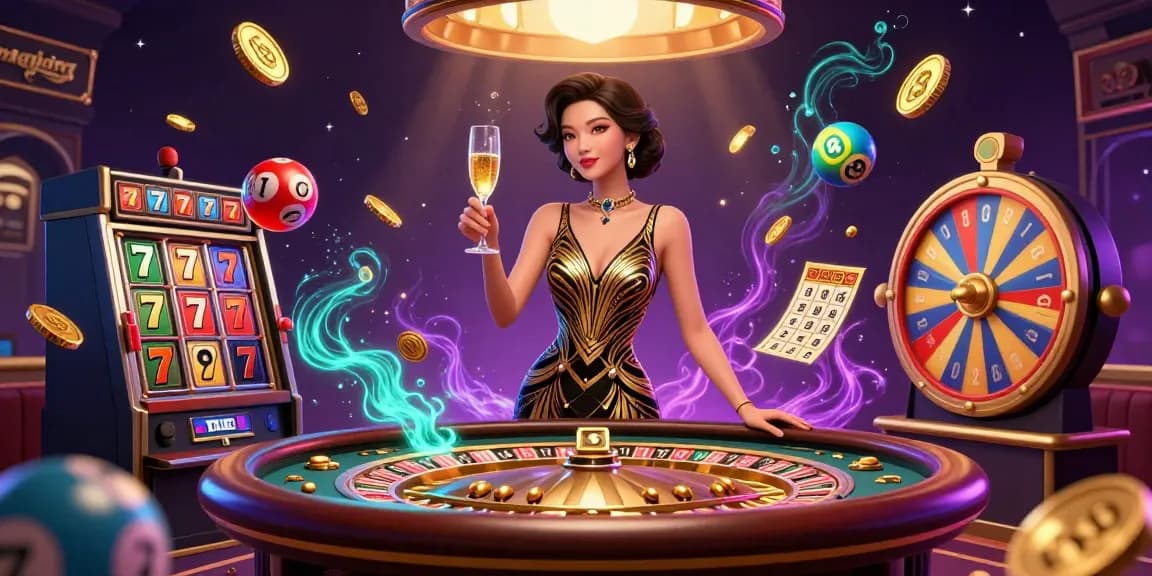 Spin your way to victory in mahjong with dazzling slot reels and a glamorous casino setting.
