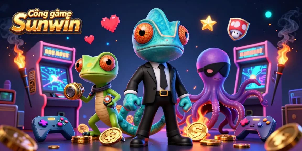 Cổng game Sunwin showcases vibrant gaming elements with a dynamic chameleon, gecko, and octopus in a rich casino scene.