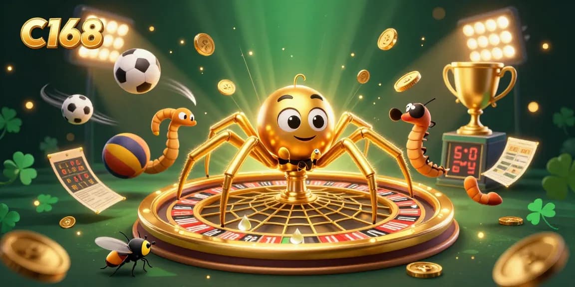 C168 players experience a thrilling betting atmosphere with a golden spider and dynamic sports elements.
