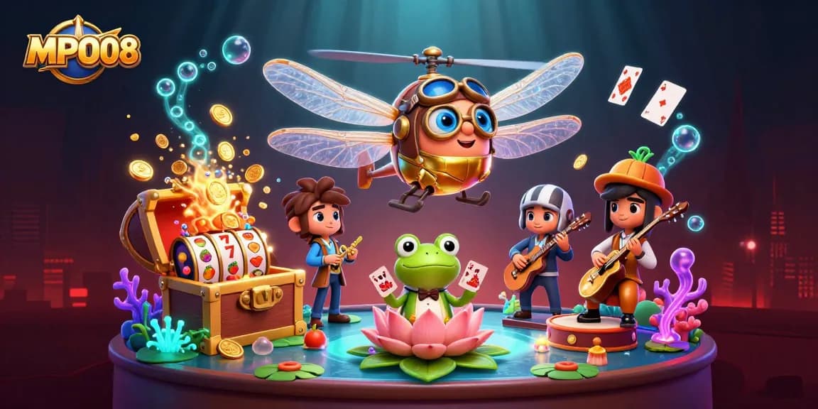 Experience exciting gameplay on MPO08 with vibrant illustrations of a casino scene with a dragonfly pilot.