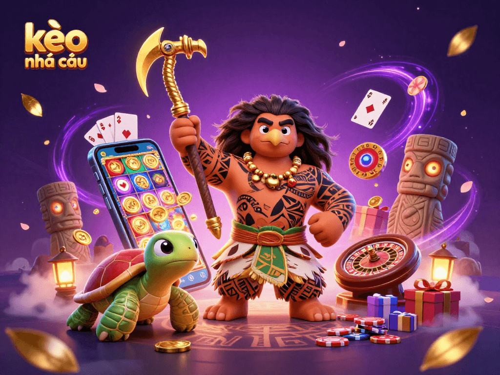 Experience the thrill of kèo nhà cái with an ultra-detailed 3D scene featuring a demigod and casino games.