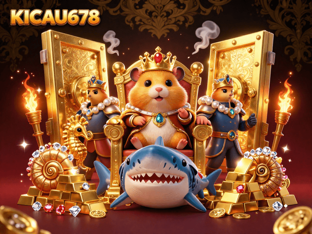 KICAU678 engages players with a fierce hamster king surrounded by treasures and royal guardians in a vibrant casino-themed scene.
