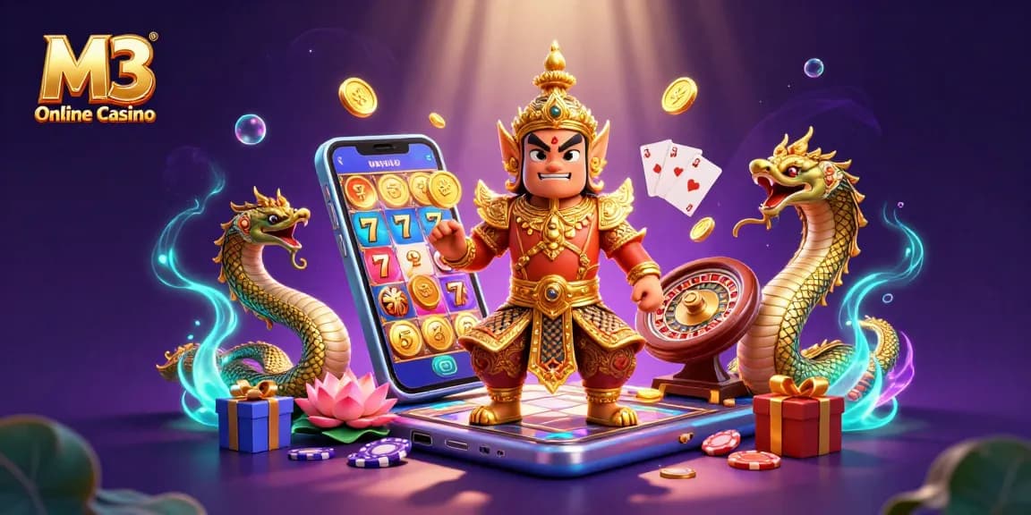Engage with M3 Online Casino's vibrant 3D scene showcasing colorful slot games and casino elements.
