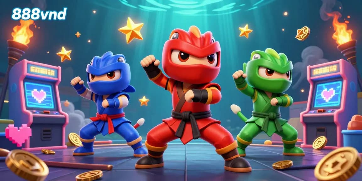 Engage with 888vnd's exciting 3D casino chameleon team, showcasing dynamic martial arts and vibrant gaming atmosphere.