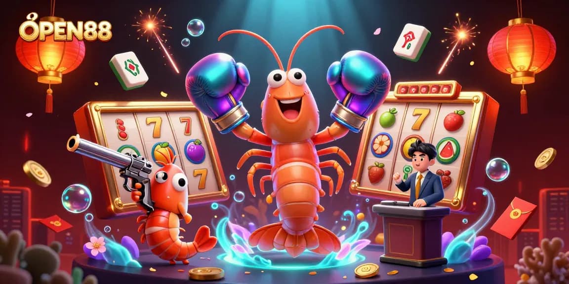 Spin the reels for excitement at OPEN88, a vibrant casino scene with 3D characters and dynamic game elements.