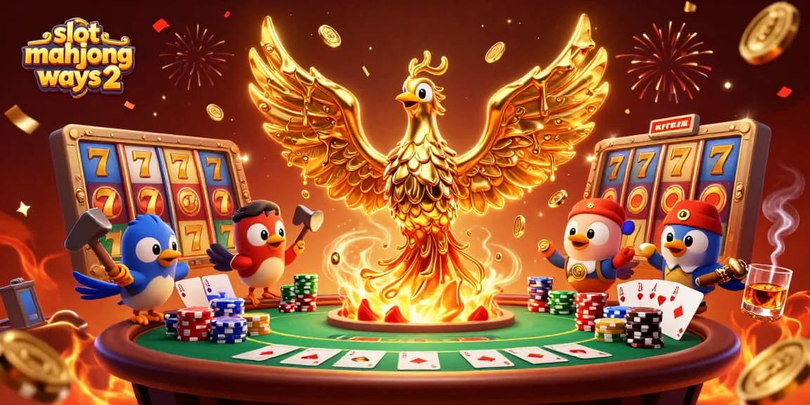 Experience the excitement of slot mahjong ways 2 with a golden phoenix, vibrant slot reels, and poker elements.