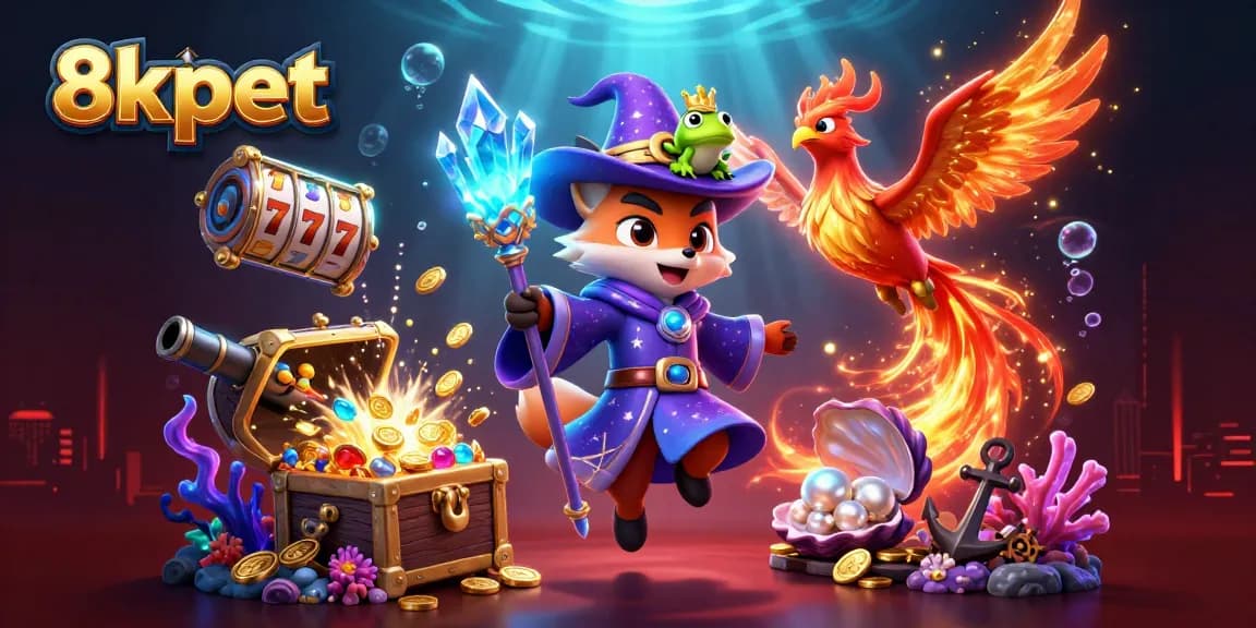 Engage with 8xbet’s vibrant casino universe featuring a wizard, phoenix, and gaming treasures.