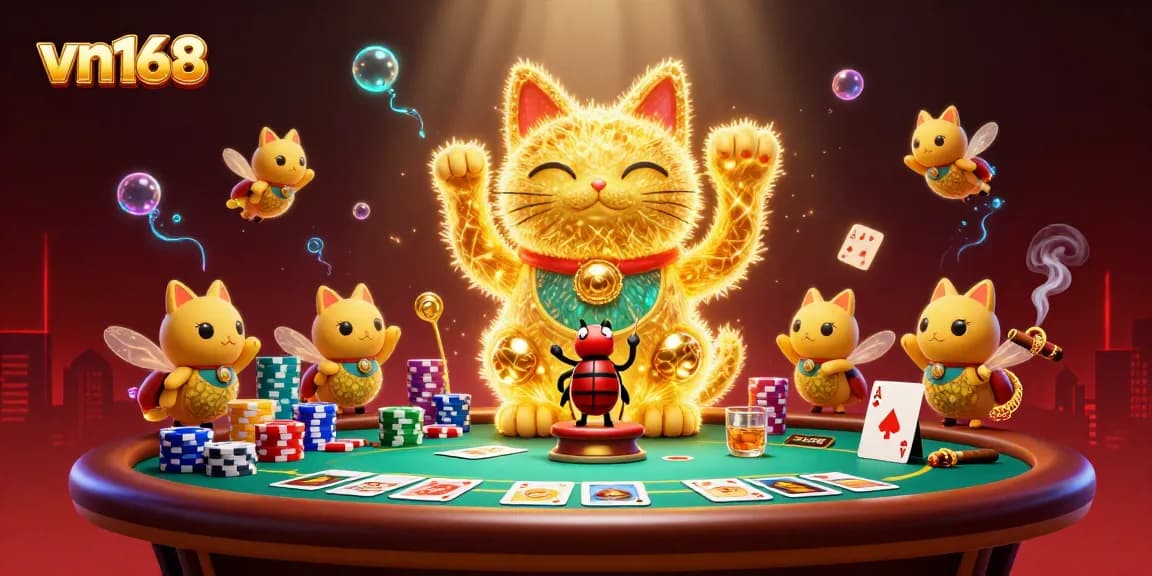 Venture into the dynamic world of vn168, featuring a lucky cat and casino elements in an engaging scene.