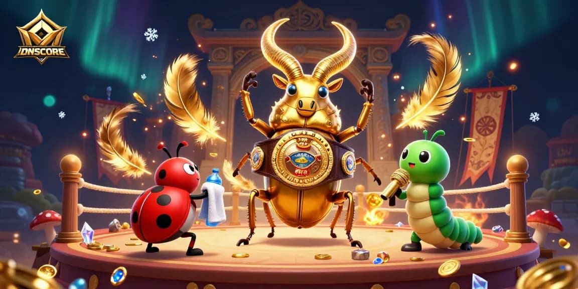 IDNSCORE engages players with a vibrant online gaming scene filled with golden coins and classic symbols.