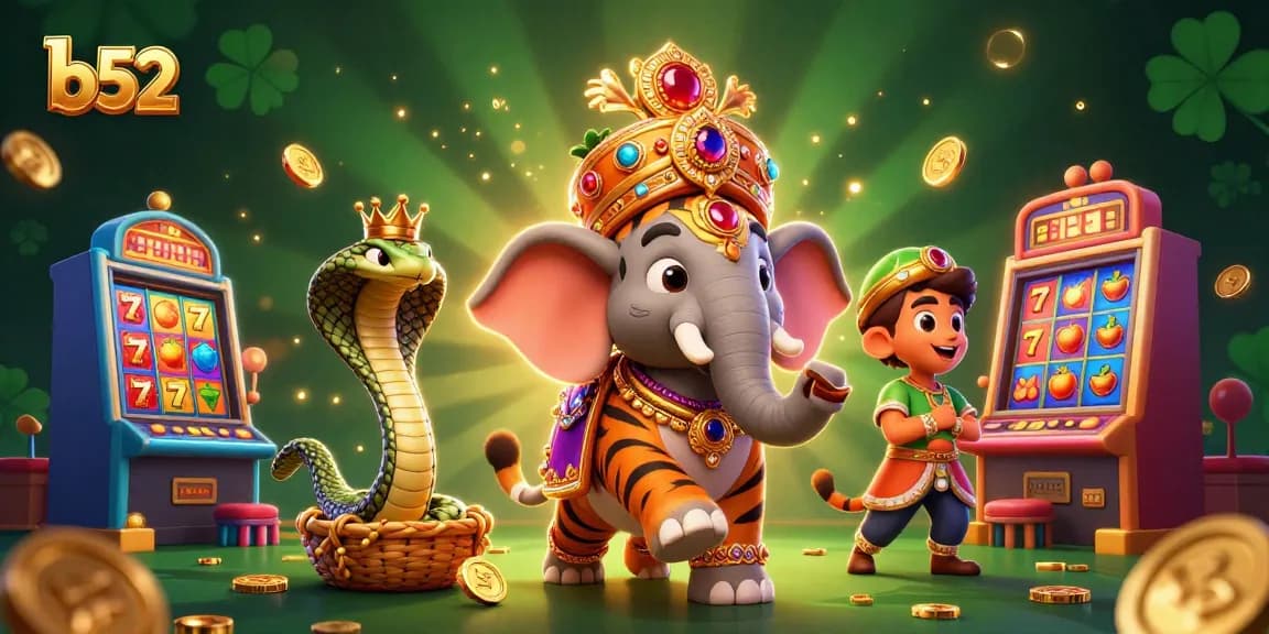 Experience the thrill of the b 52 slots with an extravagant 3D casino illustration featuring a maharaja tiger, elephant, and cobra.