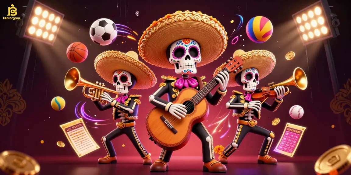 Bettors celebrate wins with bishopmortgages in this vibrant 3D illustration of a mariachi band amidst gaming elements.
