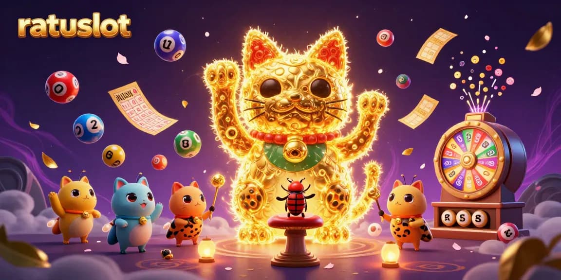 Experience thrilling gameplay with ratuslot's captivating giant lucky cat amidst colorful casino elements.