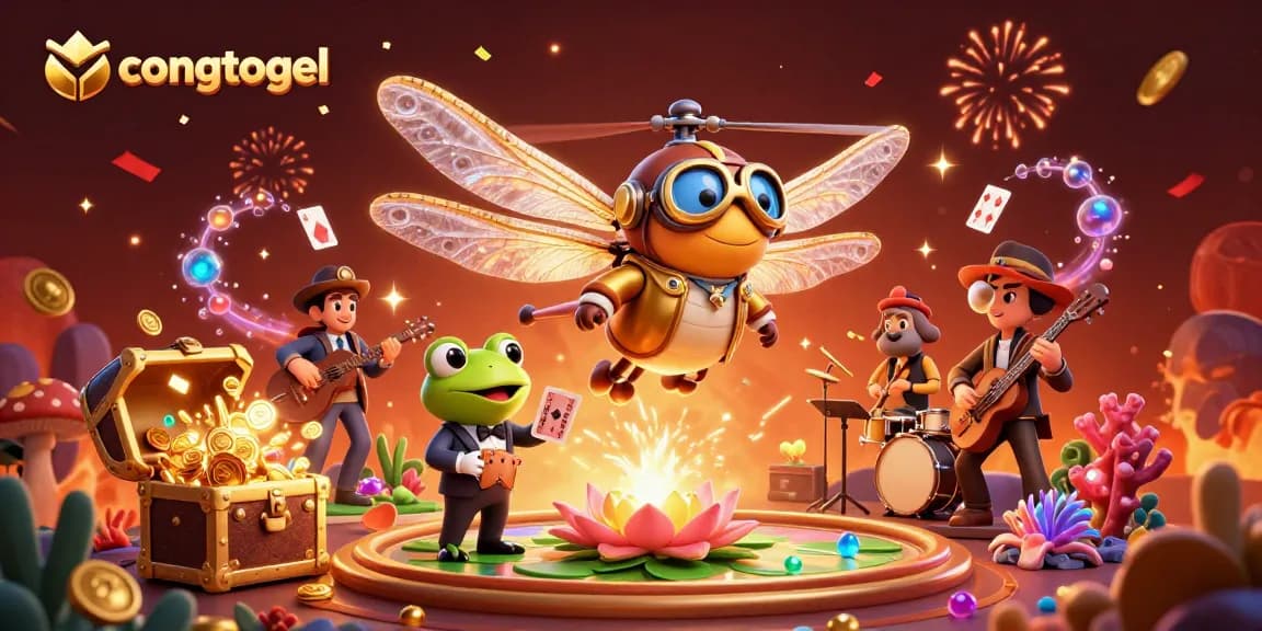 Experience the thrill of congtogel with vibrant casino scenes featuring a dragonfly pilot and frog croupier.