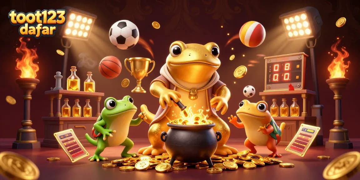 Watch the dynamic scene of toot123 daftar with a golden salamander and sports elements in a vibrant casino.