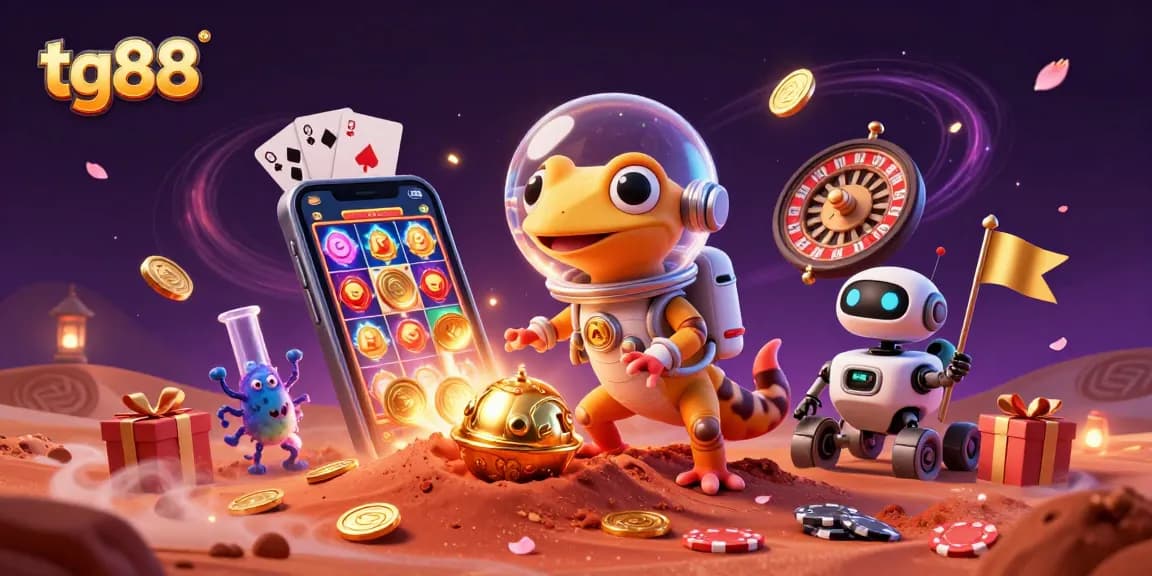 Join the fun at tg88 as a cartoon gecko discovers a hidden golden casino with exciting games.